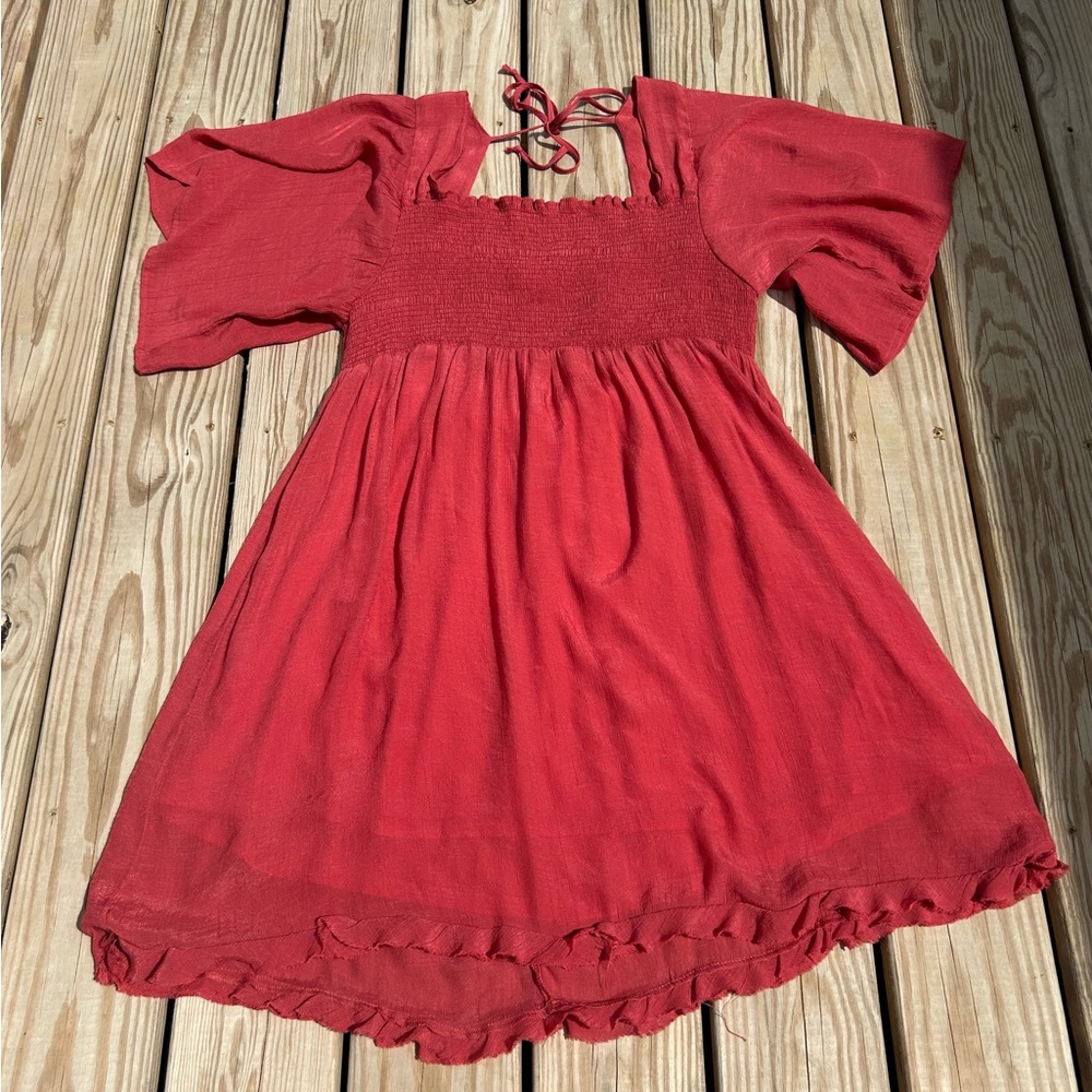 Umgee Red Smocked Square-Neck Short Dress